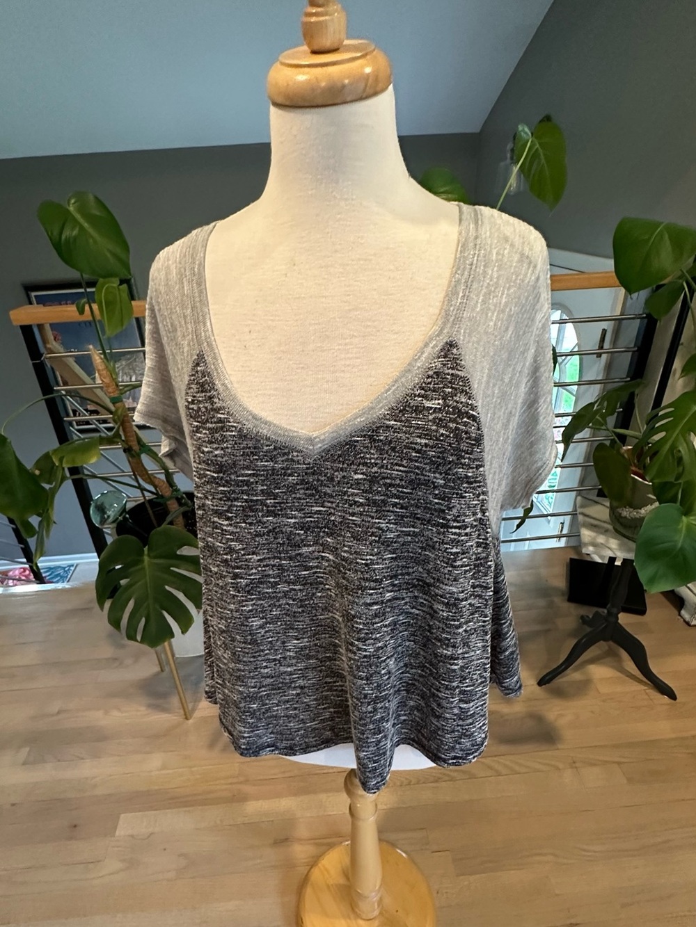 We The Free Two-Tone Gray V-Neck Short Sleeve Top